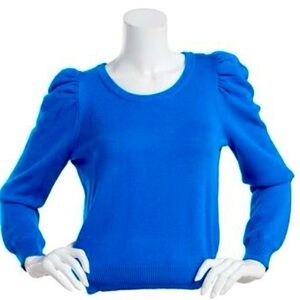 Pink Rose Puff Sleeve & Ribbed Hem Crew Neck Sweater Blue Sz M/L